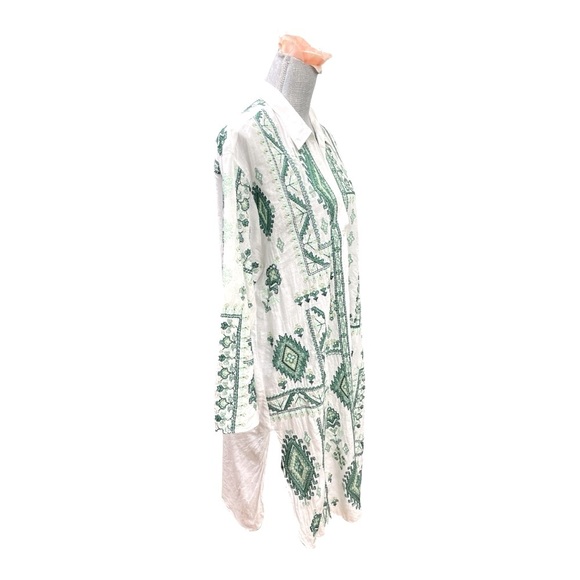 Zara White Green Embroidered Tunic Collared Shirt Dress Boho Cover Up size XL - Picture 5 of 15